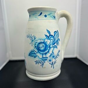 Vintage‎ pitcher ceramic vase blue rose 10” tall Hosley Pottery rustic decor